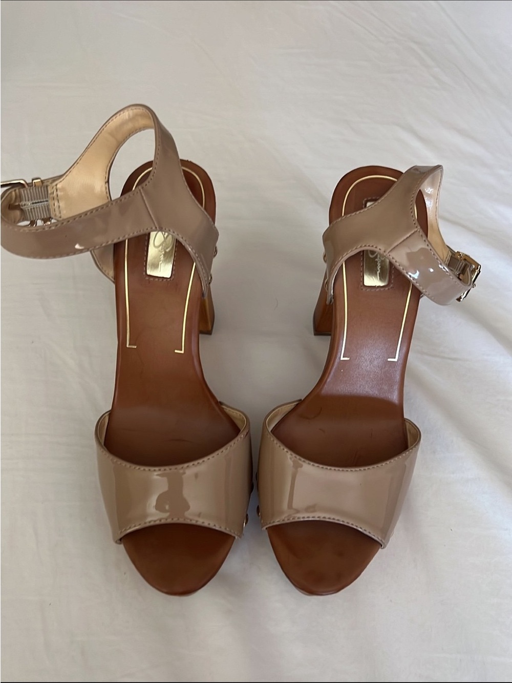 Jessica Simpson Nude Patent Block Heel Sandals